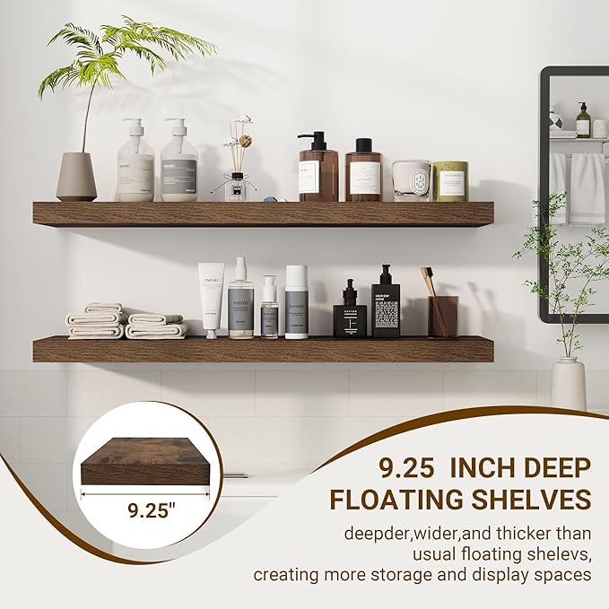 36 Inch Floating Shelves, 36"x9.25"x1.5" Inch Deep Floating Shelves for Wall, Wooden Shelves for Bathroom, Bedroom, Living Room, Brown