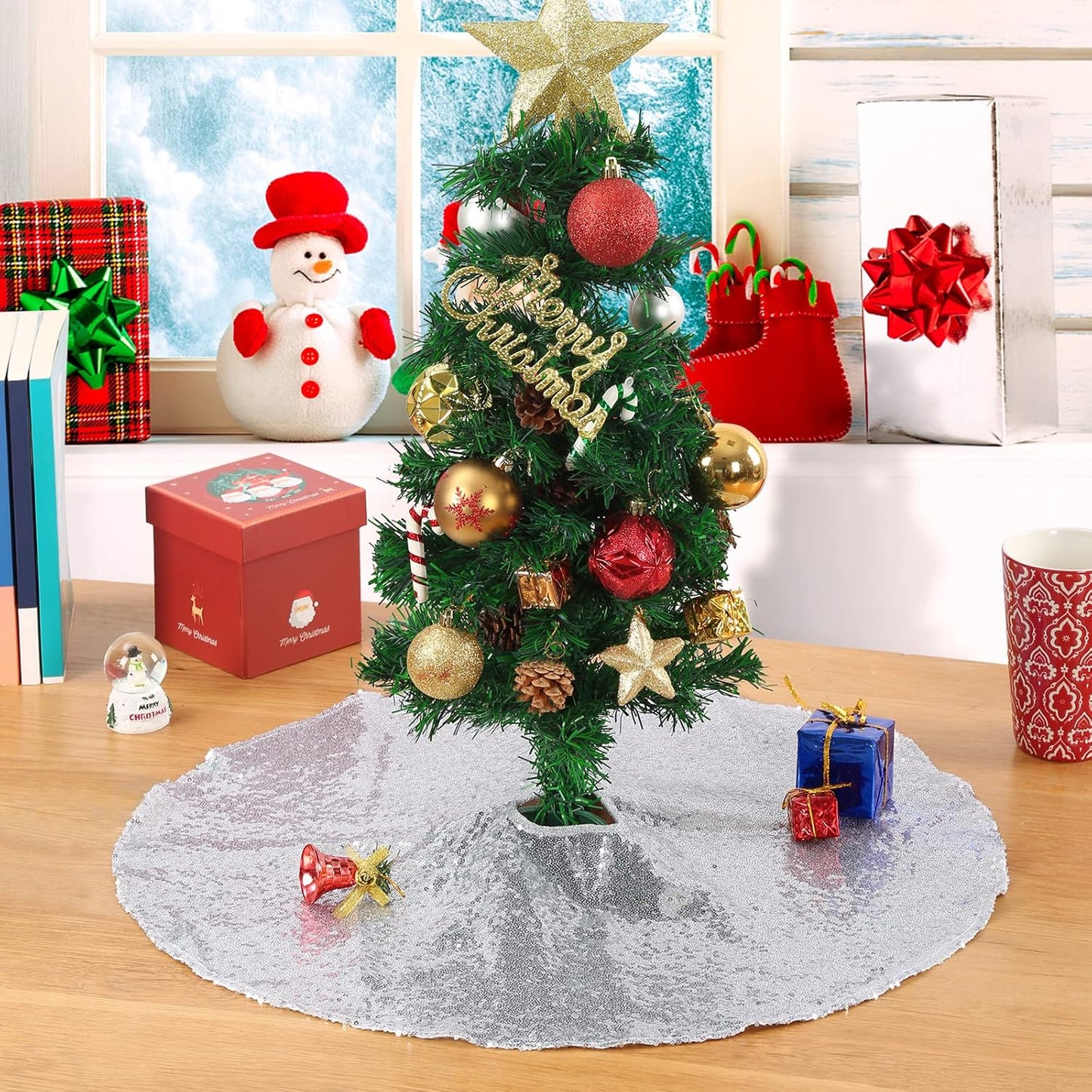 Small Christmas Tree Skirt 24 Inch Silver Tree Skirt Sequin Tree Skirt for Silver Christmas Decorations