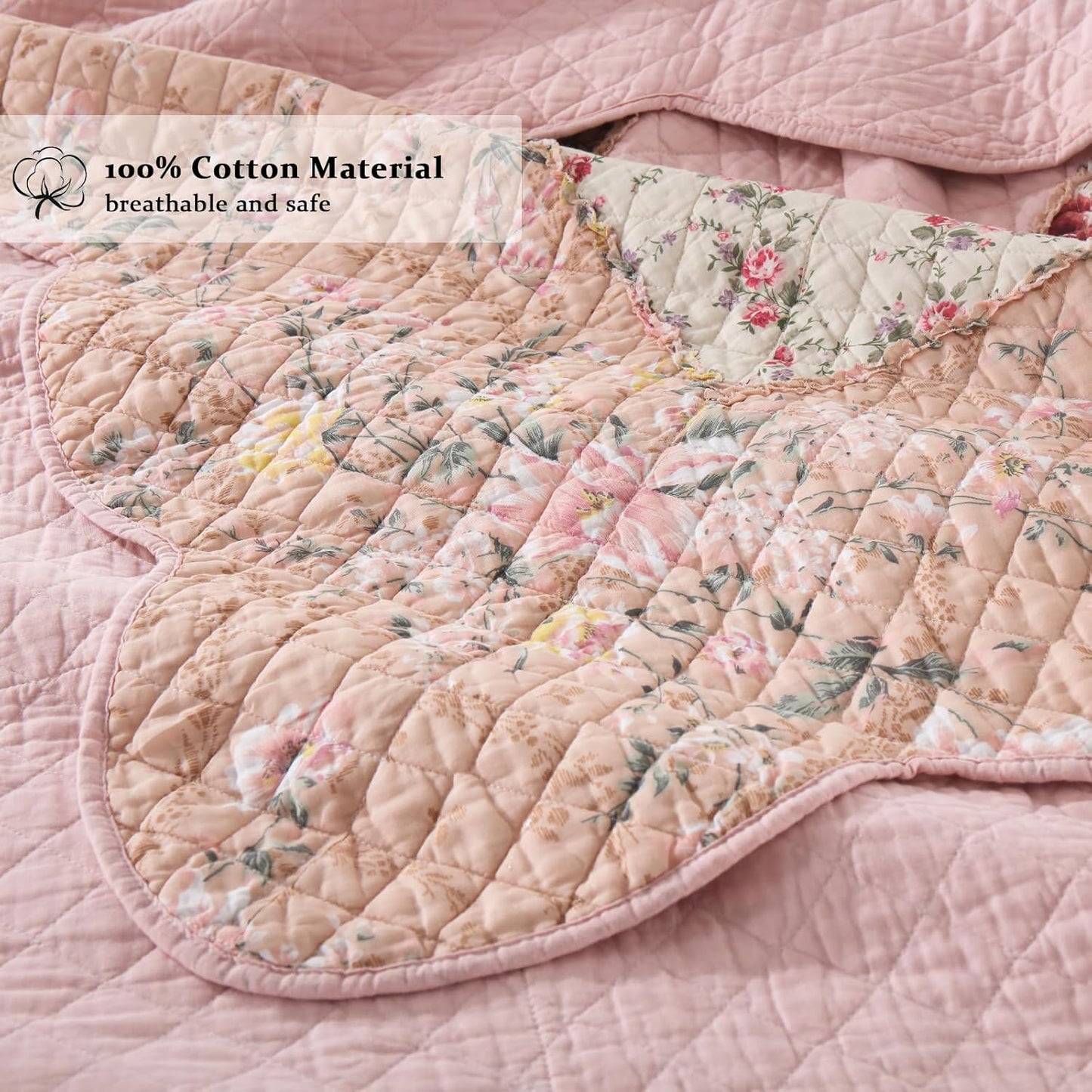 Yvooxny Quilts Queen Size Patchwork Pink Floral Quilt Set Vintage Shabby Chic Botanical Floral Quilted Bedspread 3-Piece Quilt Set with Ruffle for All Seasons, Queen Size, 98 * 90 Inches