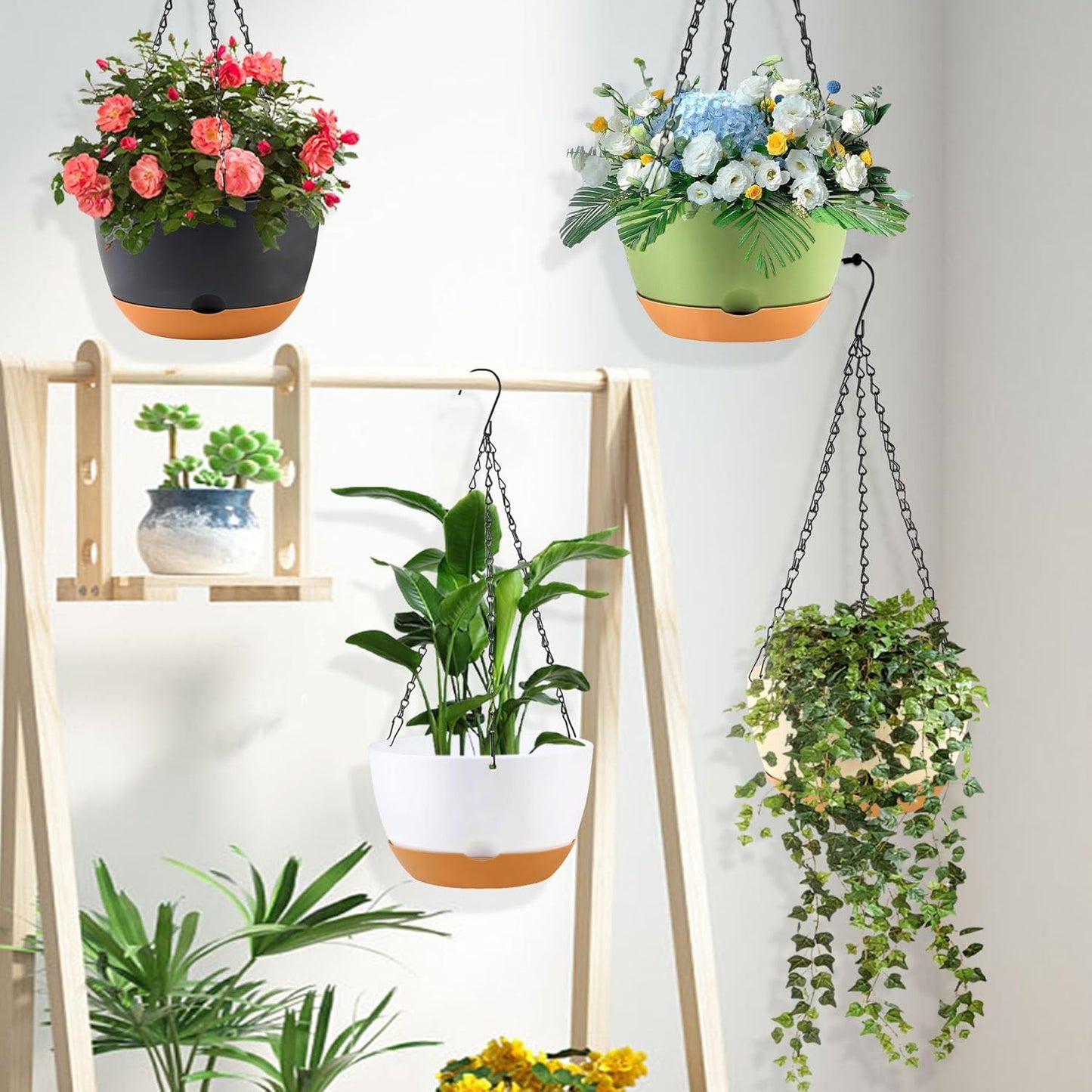 8/10/12 inch Plant Pot Hanging Planters Self Watering Pots for Indoor Plants, 3 Pack Plastic Hanging Basket with Removable Tray for Home Garden Porch Balcony Patio Decor(Black)