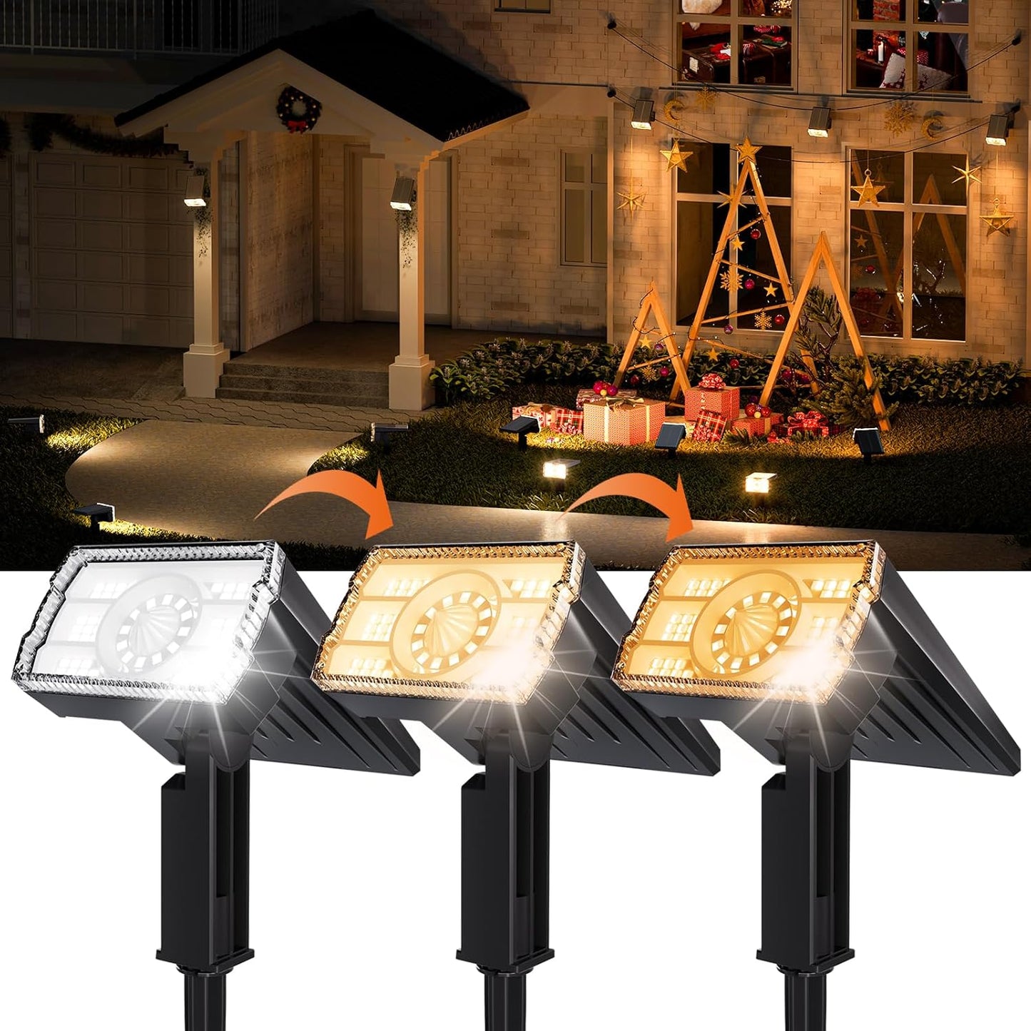 Solar Spotlights Outdoor Waterproof IP67,4 Pack Adjustable Wall&Ground Solar Lights Powered with 3 Colors, 3 Modes, Dusk to Dawn for Pathway/Garden/Yard/Patio/Driveway/Landscape Lighting Outside Decor