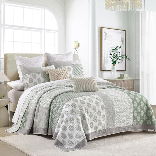 PANGUSHAN Quilt Set King Size, 100% Cotton Bedspread Quilt Bedding Set, Patchwork Reversible Floral Quilt for King Bed, Greyish-Greens Bed Spread, Lightweight Comforter for All Season, 3 Pieces