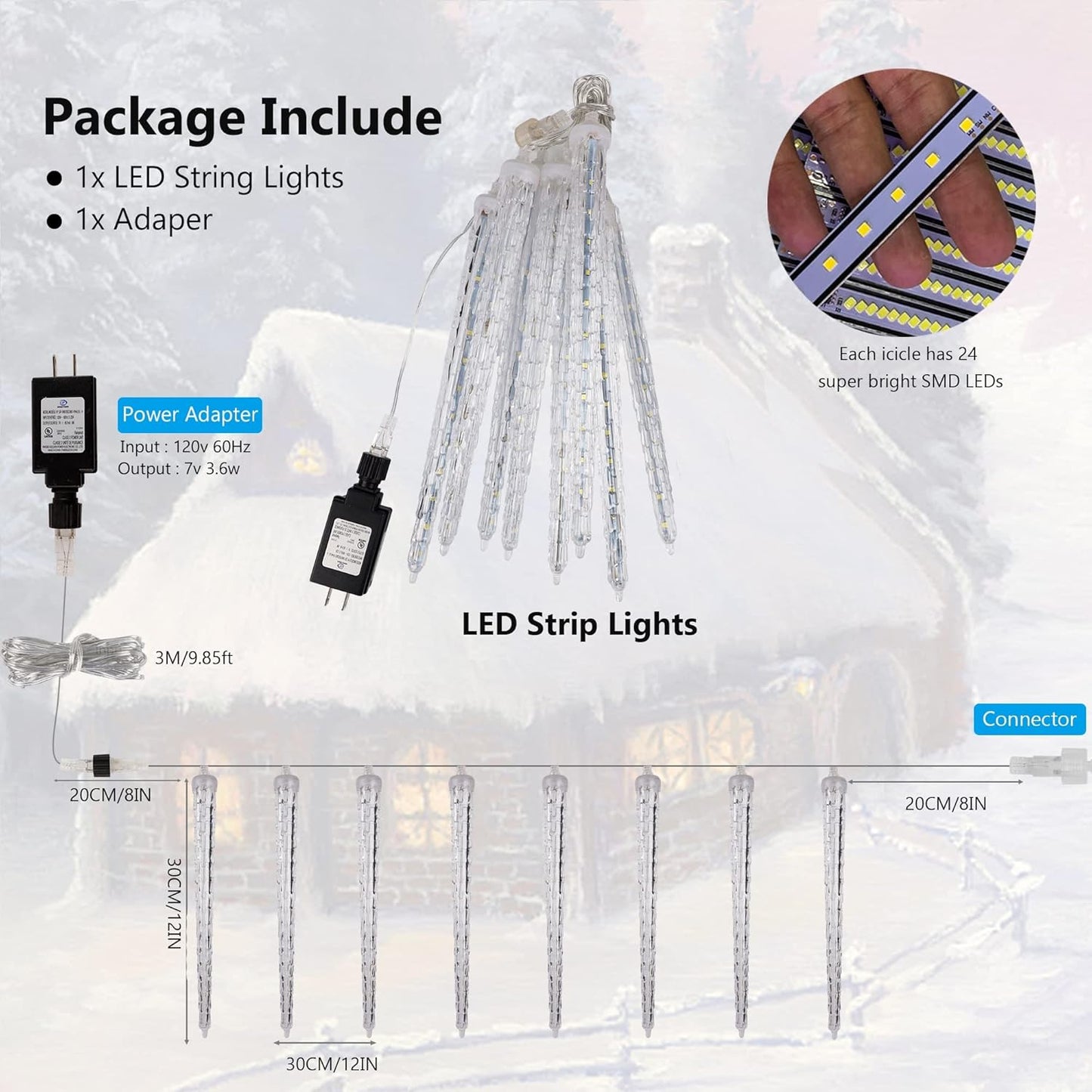 WATERGLIDE Meteor Shower Lights, 12" Outdoor Icicle Christmas Lights 8 Icicles 192 SMD LED Crystal Ice Falling Light, Connectable Raindrop Light, Xmas Winter Party Tree Holiday Decor, Multicolor