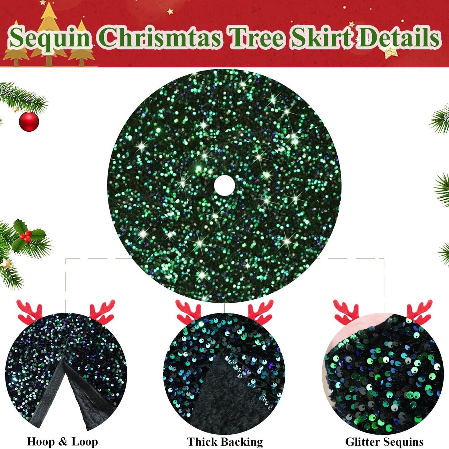 MODFUNS Sequin Christmas Tree Skirt 21 Inches Green and Black Rustic Velvet Tree Skirt for Table Top Trees Artificial Metallic Tree Mats Mini Xmas Tree Skirts Cover for Christmas Festive Decorations