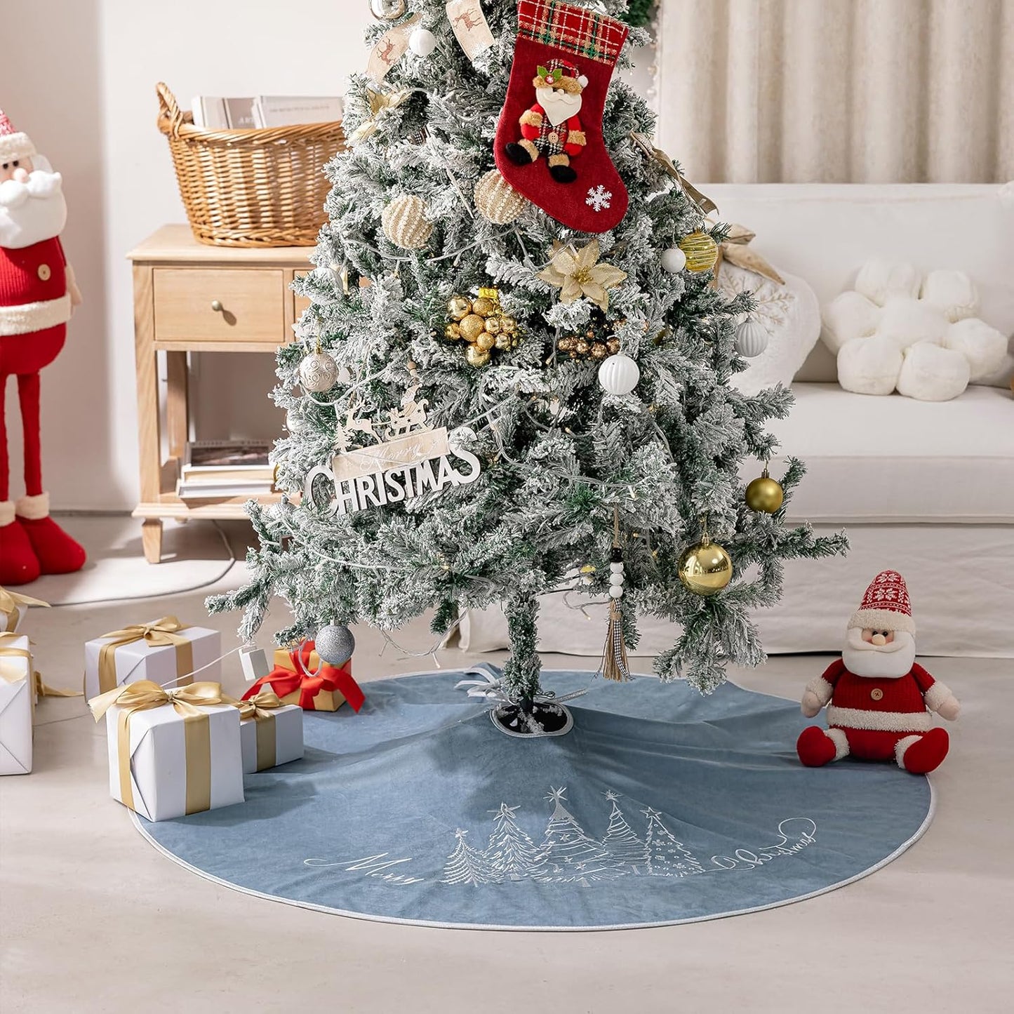 CROWNED BEAUTY Christmas Tree Skirt Blue Velvet Collar 50 Inch Embroidered Silver Pine Trees Soft Plush Fur Holiday Decoration (Blue) TS42-50