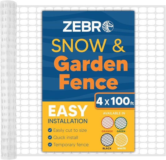 ZEBRO 4' x 100' White Plastic Garden Fence Roll – Light Duty Mesh Fencing for Temporary Fence, Snow, Garden Netting, Animal Barrier, Agricultural Fencing & Lawn Protection