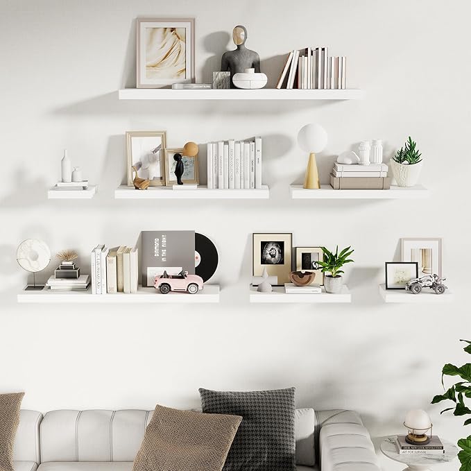 Fun Memories 55 Inch Fireplace Mentel Shelf, 10 Inch Deep Shelves for Display & Wall Storage, Rustic Wood Wall Shelf, Extra Long Floating Shelves for Living Room Laundry Room, White, Set of 1