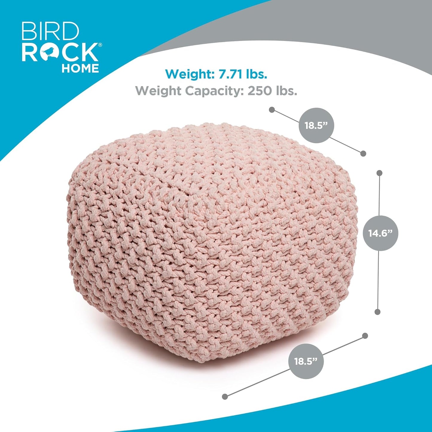BIRDROCK HOME Square Pouf Ottoman | Cotton Braided Foot Stool with Bean Bag Filling | Boho Foot Rest for Living Room, Bedroom | Compact & Comfortable Seating, Lightweight & Sturdy | Dusty Rose