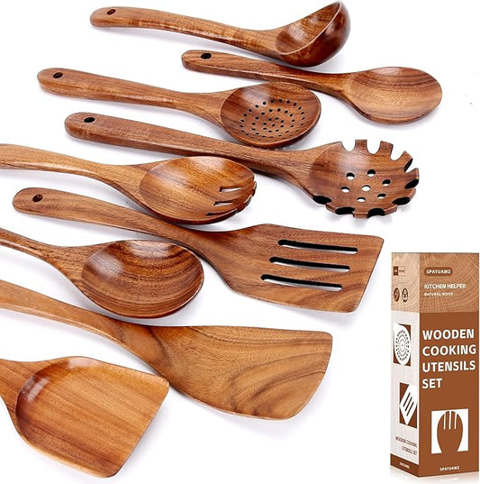 SPATUAMZ Natural Kitchen Utensils Set Wooden, Teak Wooden Spoons for Cooking, Wooden Utensils Set of 9 for Any Kitchen