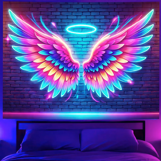 BlissYard Blacklight Angel Wings Tapestry UV Reactive Neon Wings Wall Hanging Tapestries Pink Angel Wings Tapestries for Girls Teens Glow in the Dark Tapestry for Party Carnival Backdrop 59 X 78 in