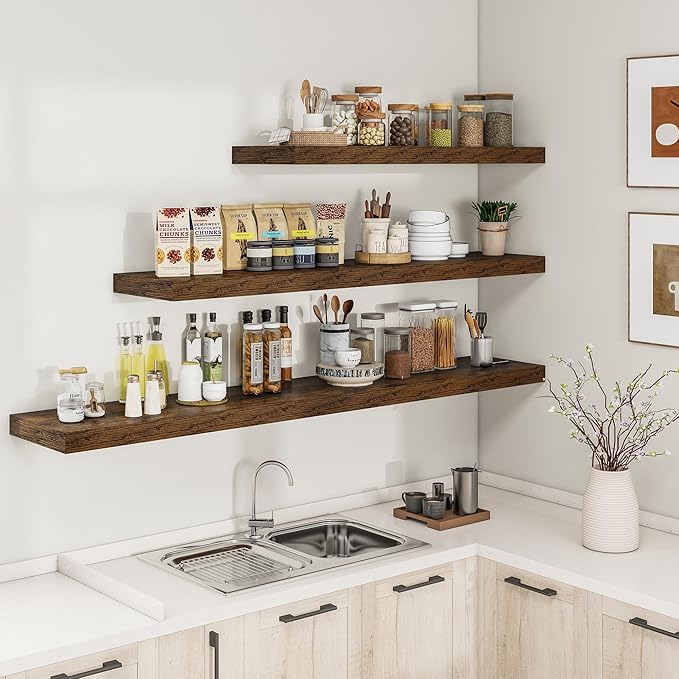 RICHFOCUS 40Inch Floating Shelves for Wall 2 Pack Shelves for Bedroom|Kitchen|Bathroom Wall Mounted Rustic Wood Floating Shelf with Invisible Brackets for Books|Storage|Decor, Rustic Brown