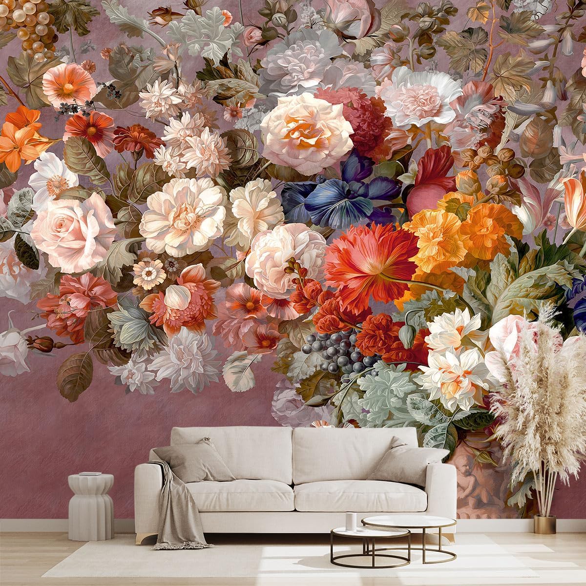 Colorful Floral Leaf Bathroom wallpeper Living Room Bedroom Pink Flower Wall Mural - 137"x96" (Not Peel and Stick)