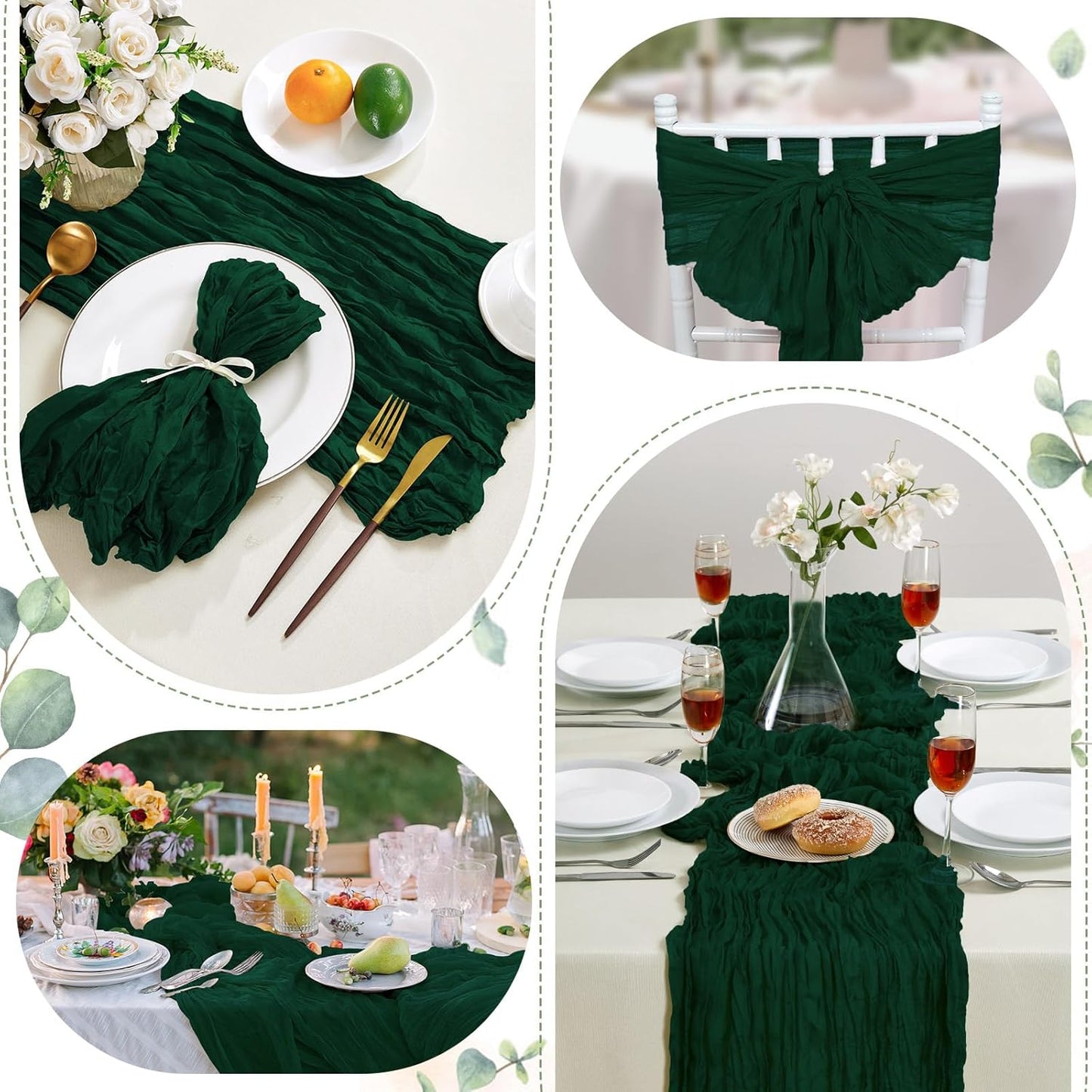 6 Pack Emerald Green Cheesecloth Table Runner 10FT Long Boho Gauze Table Runner Rustic Sheer Runner for Wedding Bridal Baby Shower Birthday Party Table Decor Fall Thanksgiving Christmas Decorations