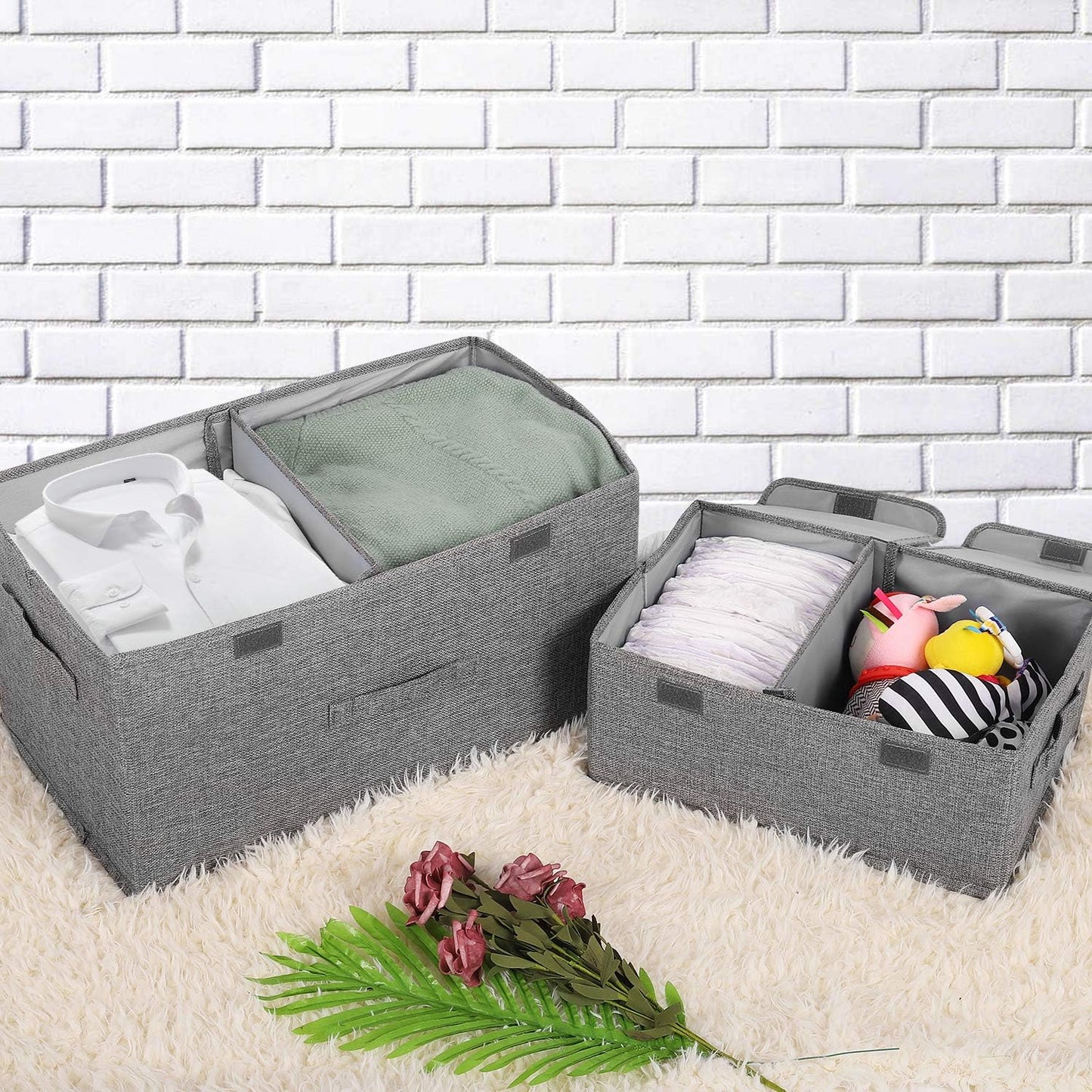 2 Pack Storage Boxes with Lids and Handles, Collapsible Linen Storage Bins Organizer Containers Baskets Cube with Removable Divider for Home Bedroom Closet Office (Khaki, Small)