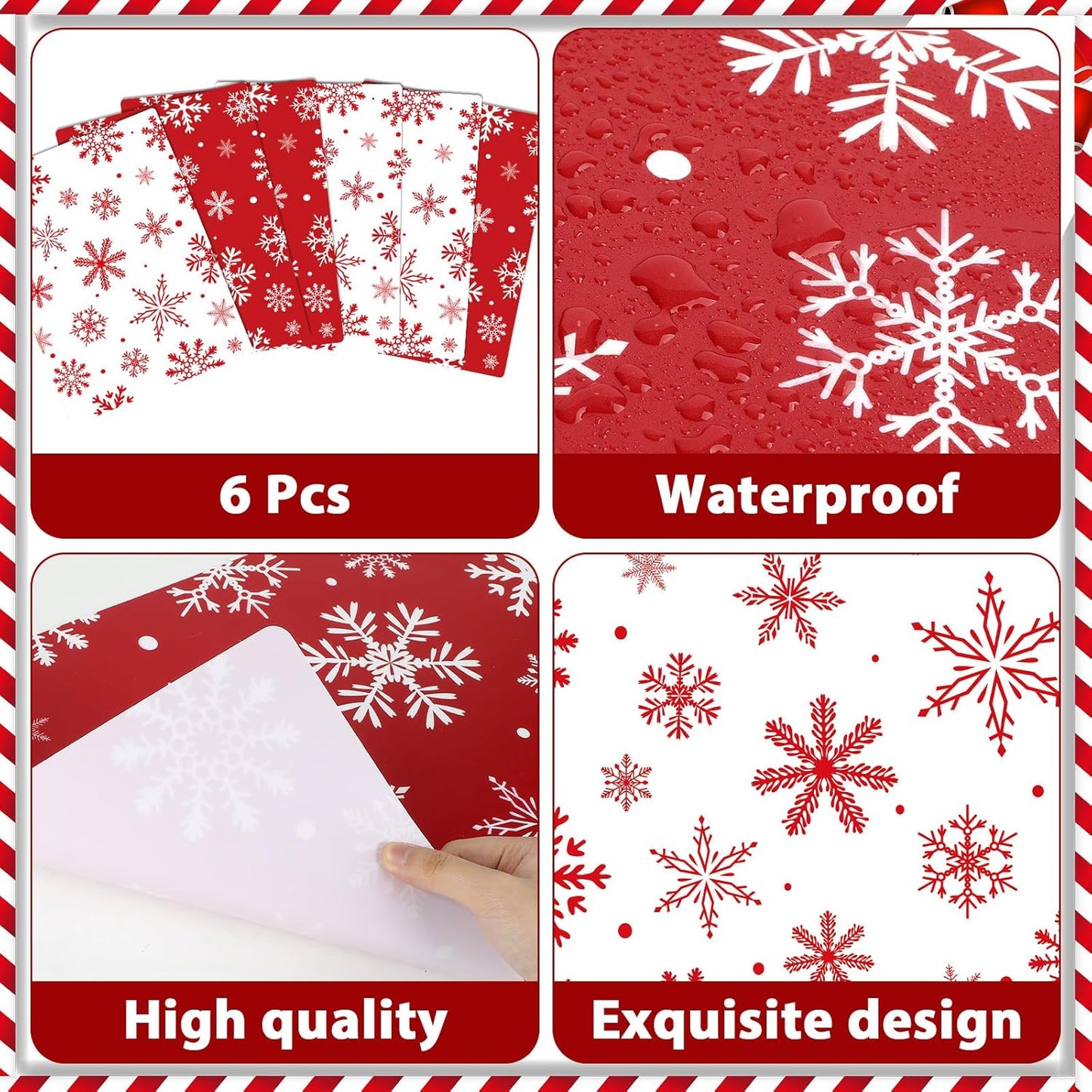 Christmas Placemats Set of 6 Christmas Red and White Snowflake Plastic Table Mats Winter Place Mats Washable Seasonal Xmas Winter Holiday Table Decoration for Indoor Outdoor Party Kitchen Dining