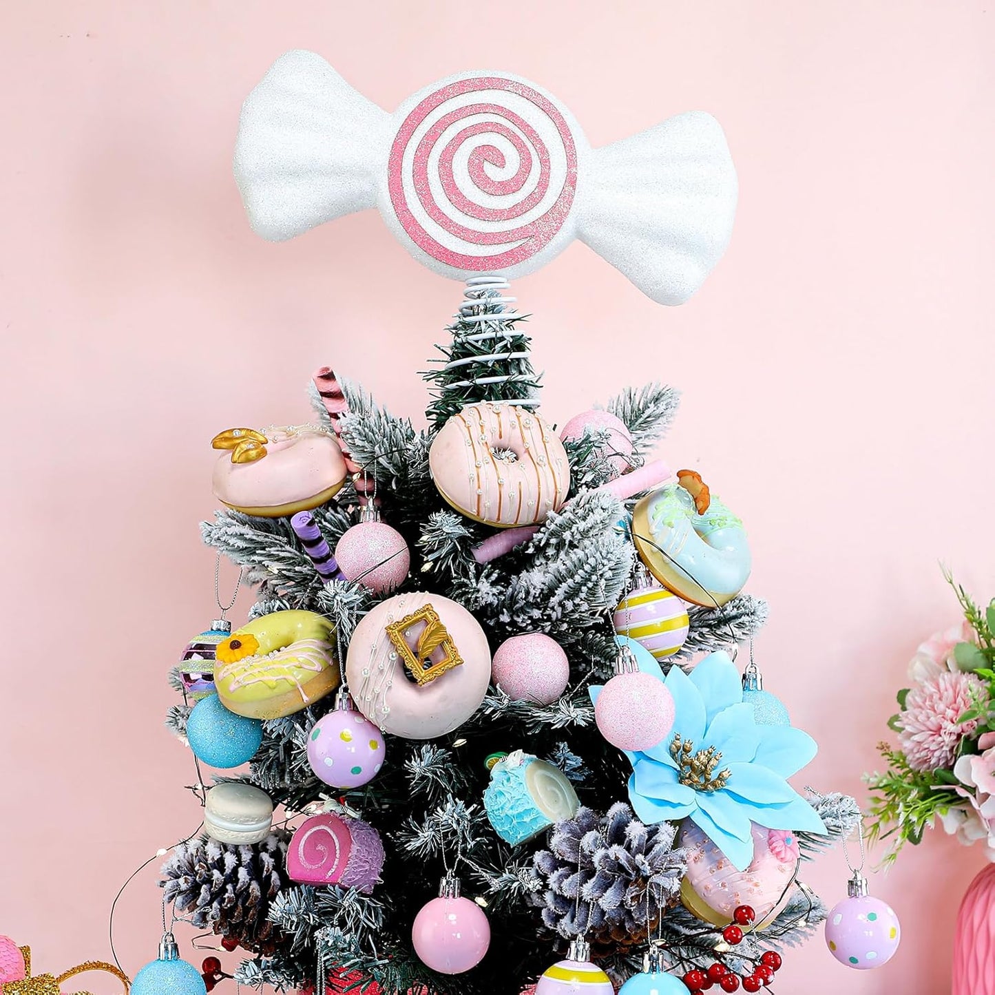 Retisee 9.8 in Large Pastel Candy Christmas Tree Topper Pink Candy Swirl Treetop Pink Pastel Candycane Christmas Ornaments for Xmas New Year Birthday Party Tree Decorations