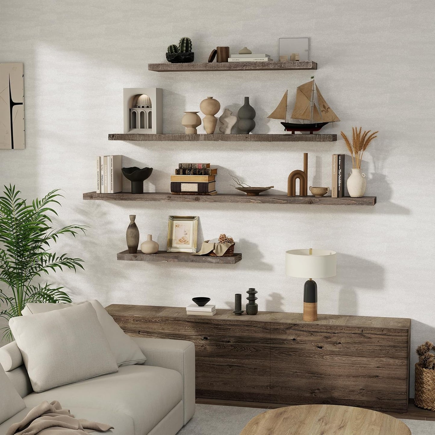 Solid Wood Floating Shelves, 8" Deep Rustic Reclaimed Barnwood Wall Hanging Floating Shelf with Invisible Heavy-Duty Metal Bracket | Wall Mounted | Farmhouse Style | 55 inches,1PC,Grey