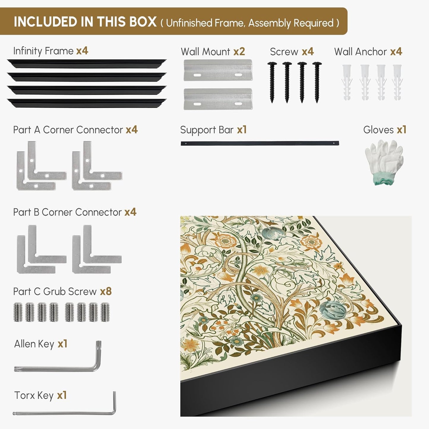 SIGNWIN 24"x46" Extra Large Framed Wall Art Vintage Botanical Floral with Golden and Teal Leaves, Elegant Nature Illustration for Home Living Room Bedroom Decor (Frame Assembly Required)