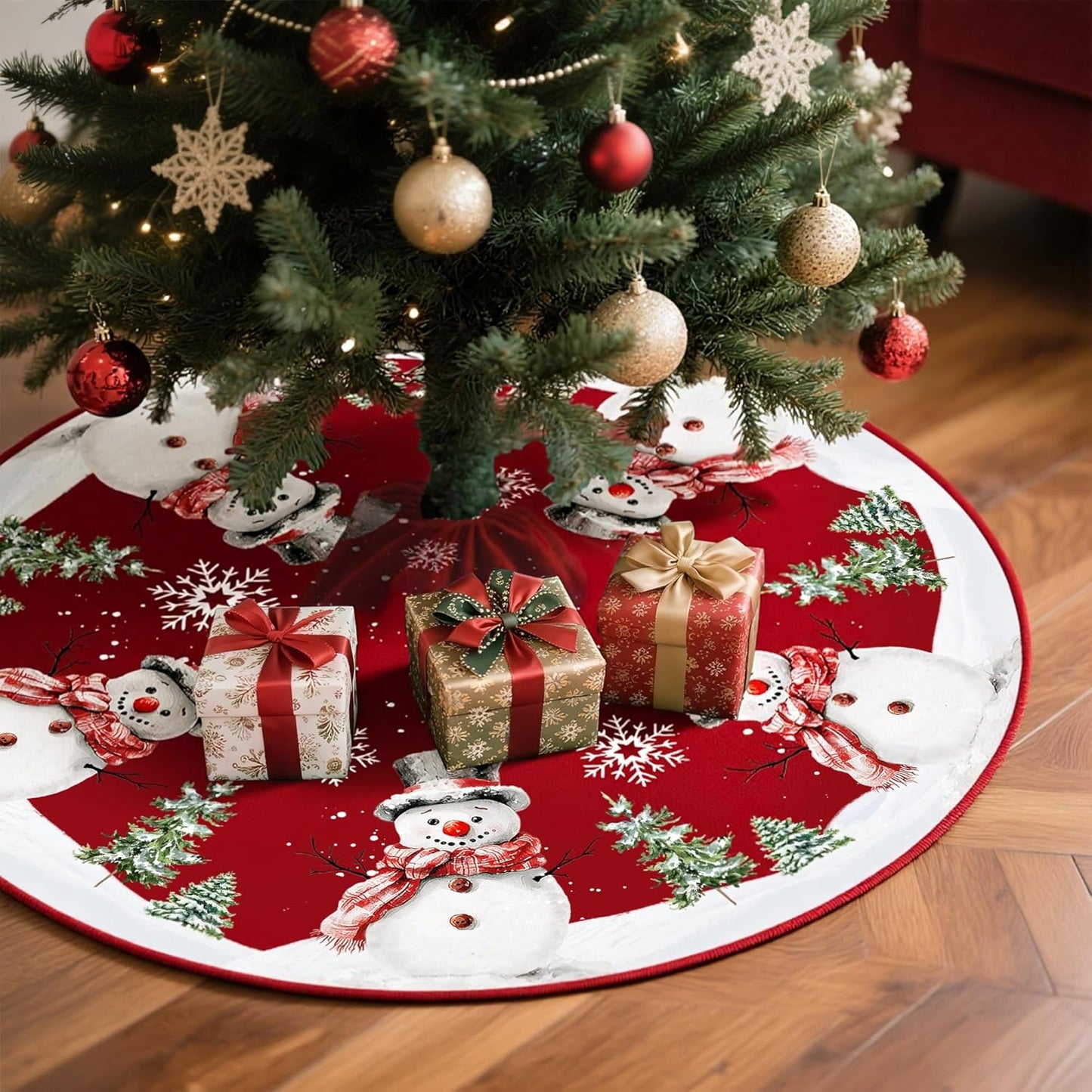 Christmas Tree Skirt 48 Inches Red Xmas Soft Cover Mat Decor Retro Xmas Tree Skirt for New Year Holiday Ornaments Indoor Outdoor Decorations (Snowman Pattern)