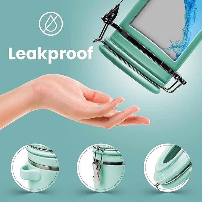 Home Intuition 4-Piece Ceramic Kitchen Canisters Set, Airtight Containers with Wooden Spoons Reusable Chalk Labels and Marker for Sugar, Coffee, Flour, Tea (Turquoise)