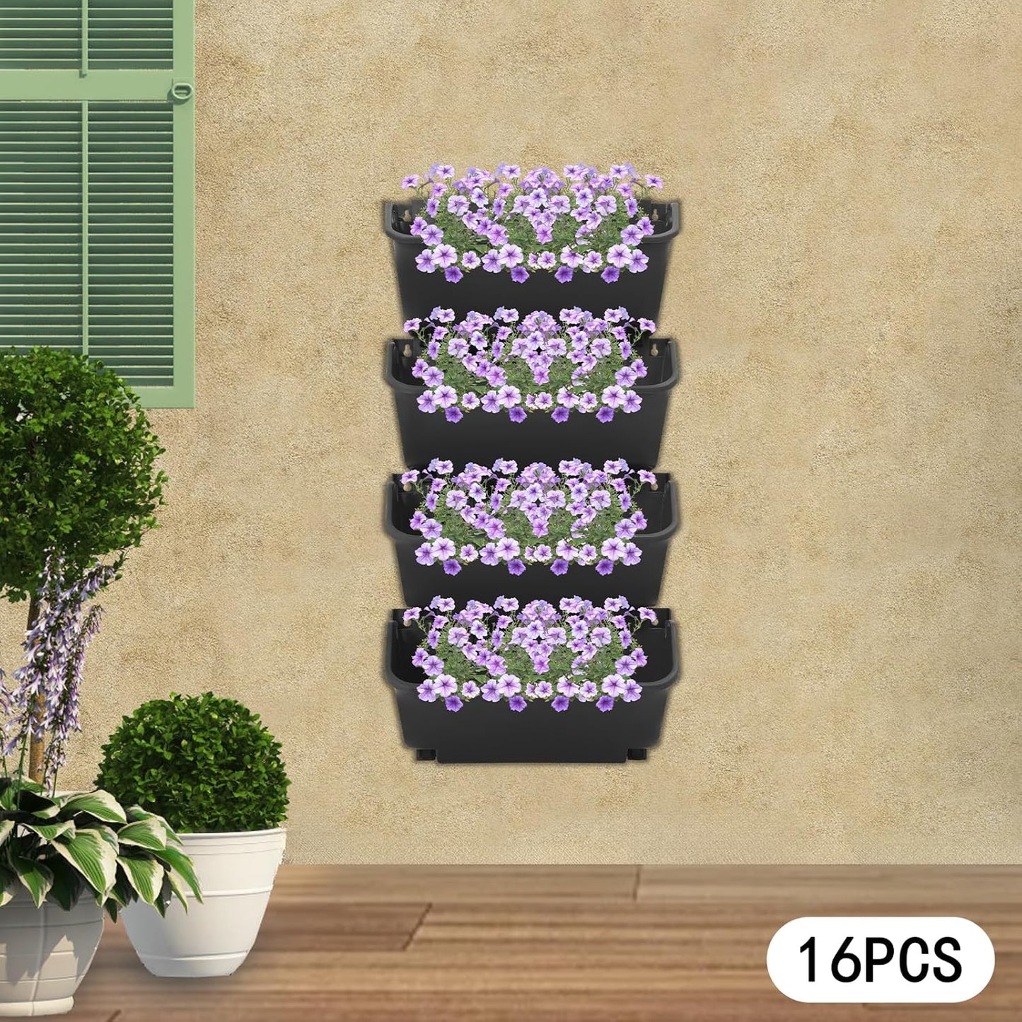 Self Watering Outdoor Wall Mounted Planter Vertical Garden with 16 Pockets Plastic Plant Grow Pots for Hanging Flower Herbs Vegetables Home Indoor Outdoor Black