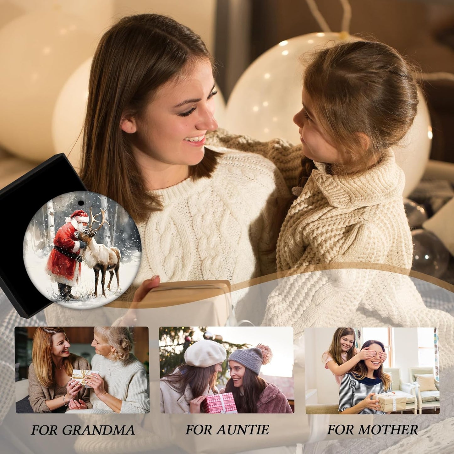 Christmas Santa Reindeer Ceramic Ornament Gifts, Rustic Winter Santa Claus Reindeer Decorative Hanging Ornaments for Xmas Tree Holiday Party Decoration, Winter Xmas Tree Decorations