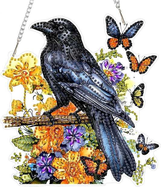 SENQAO Crow Diamond Art Hanging Kit for Adult, Special Shaped Rhinestone, Double Sided DIY Acrylic Diamond Art Painting Window Pendants Home Garden Wall Hanging Kits Hanging Ornament