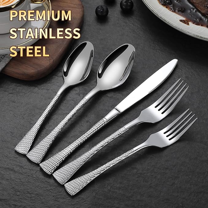 Hammered Silverware Set,20 Piece Modern Flatware Set Service for 4,Mirror Polished Stainless Steel Cutlery Set Utensil Set Tableware Set,Kitchen Knives Forks Spoons Set,Dishwasher Safe