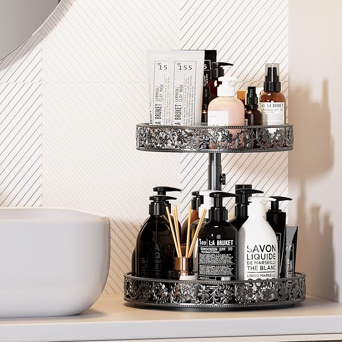 Two Tier Lazy Susan Organizer Turntable Height Adjustable, 2 Tier Lazy Susan 12 Inch Metal Easy Assembly, Spice Rack Organizer Rotating for Cabinet Dining Table Top Kitchen Countertop Black