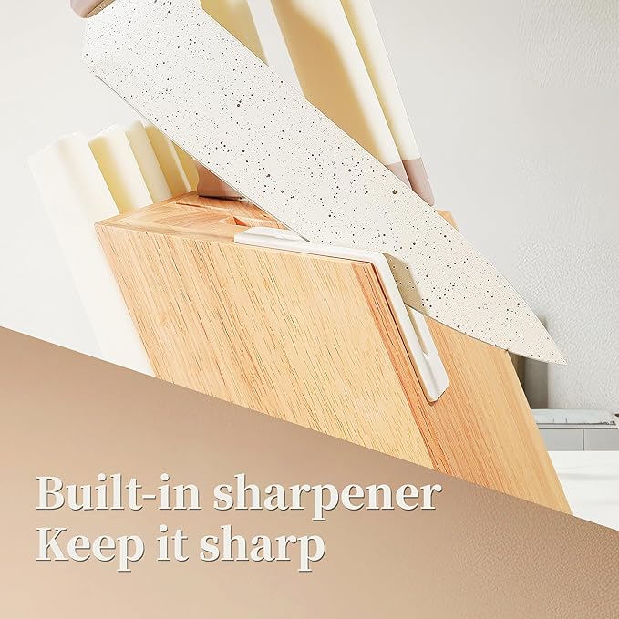 Zhang Xiao Quan Since 1628 15Piece Kitchen Knife Set,Knife Block Set with Ceramic-Coated Blade Ergonomic Handle(Cream)