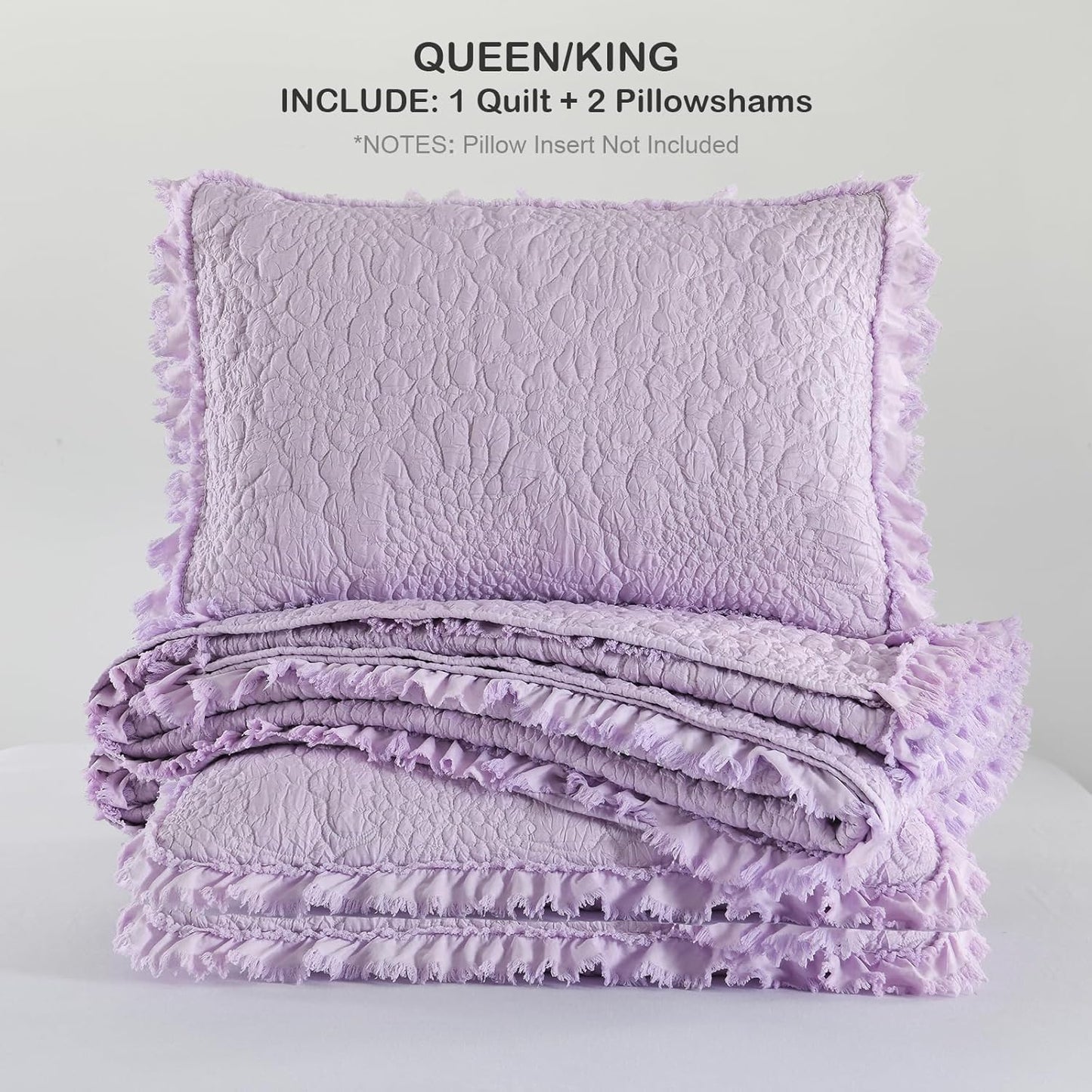 HORIMOTE HOME Lavender Ruffled Quilt Queen Size, Stone-Washed Microfiber Lightweight Crinkled Farmhouse Rustic Shabby Chic Bedding Set, 3 Pieces Reversible Bedspread with Pillow Shams for All Season