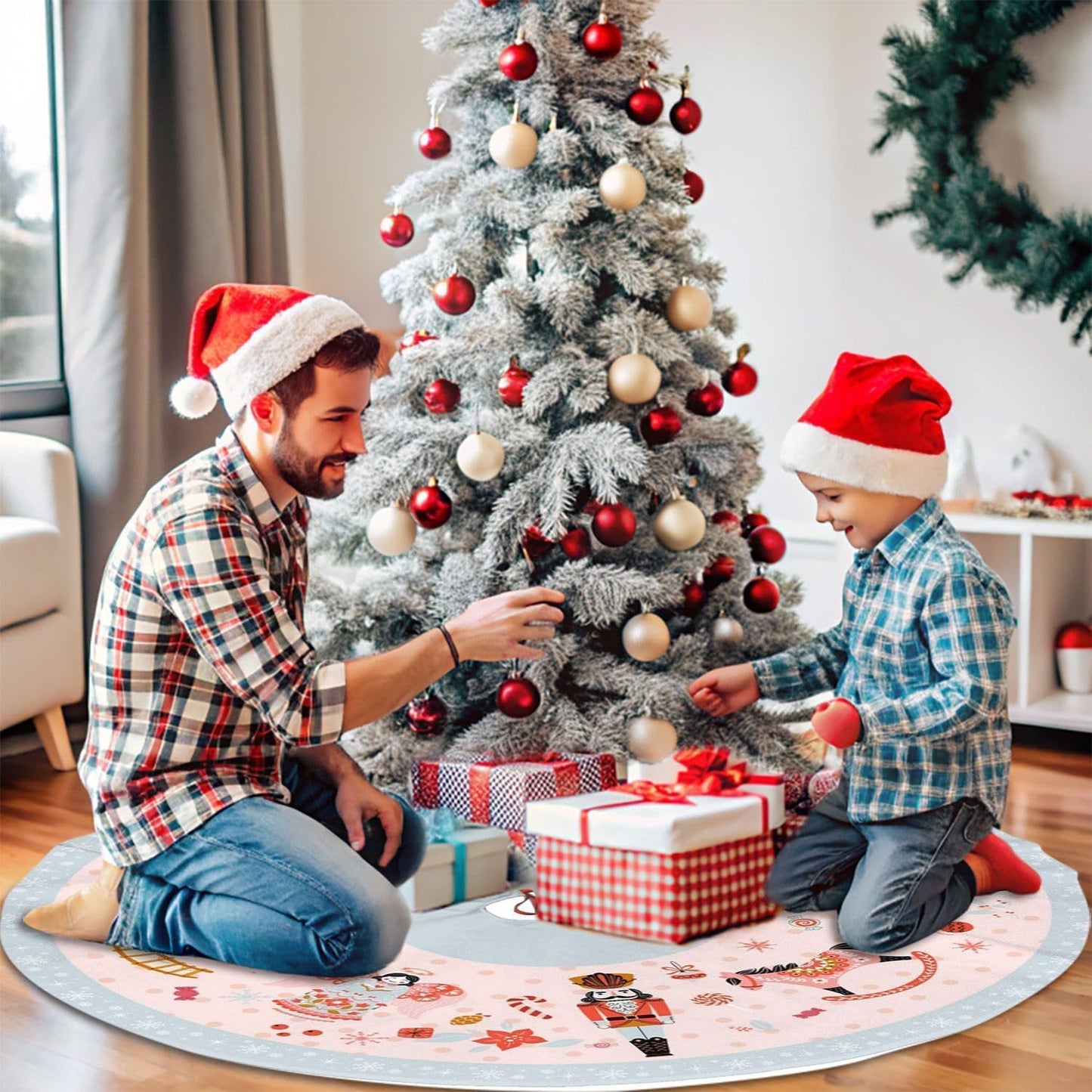 36" Large Christmas Tree Skirt, Nutcracker Candy Pattern Tree Mat Base Cover for Xmas Festive Holiday Party Decoration Ornaments