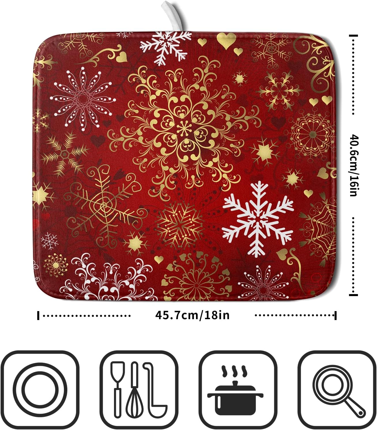 Red Snowflake Dish Drying Mat for Kitchen Counter Holiday Super Absorbent Reversible Microfiber Kitchen Countertop Protector Dishes Pad Small 16x18 inch