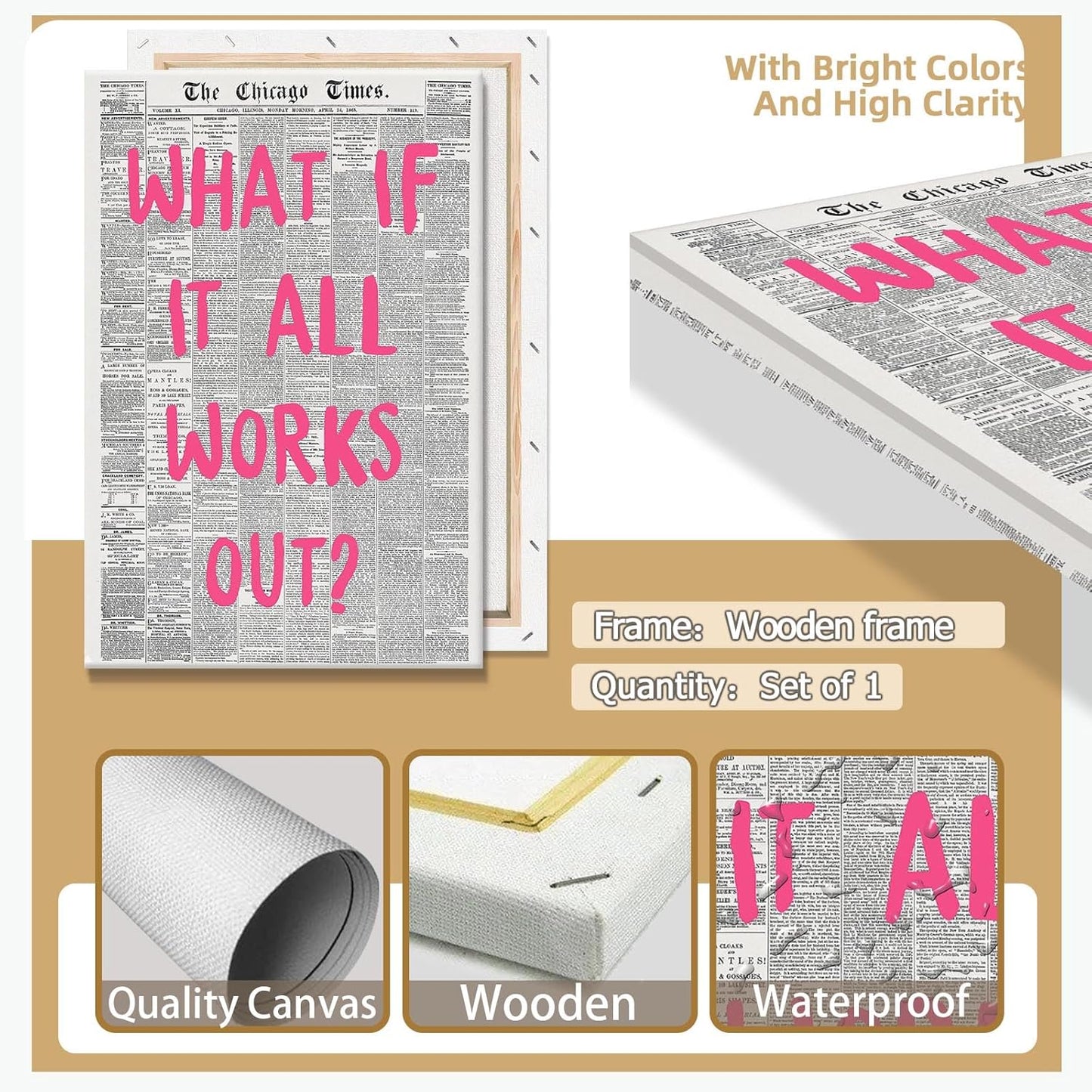 Liyark Retro Trendy Newspaper Canvas Wall Art 'What If All Works Out' Poster - Positive Affirmation Quote - Pink Font - Minimalist Home Decor - Framed 12x16in