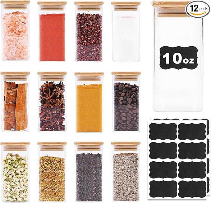 Glass Food Storage Jars Square 10oz, 12 Pack Glass Jars With Bamboo Lids, Kitchen Storage Containers For Spice, Candy, Cookie, Storage For Pantry Organizers