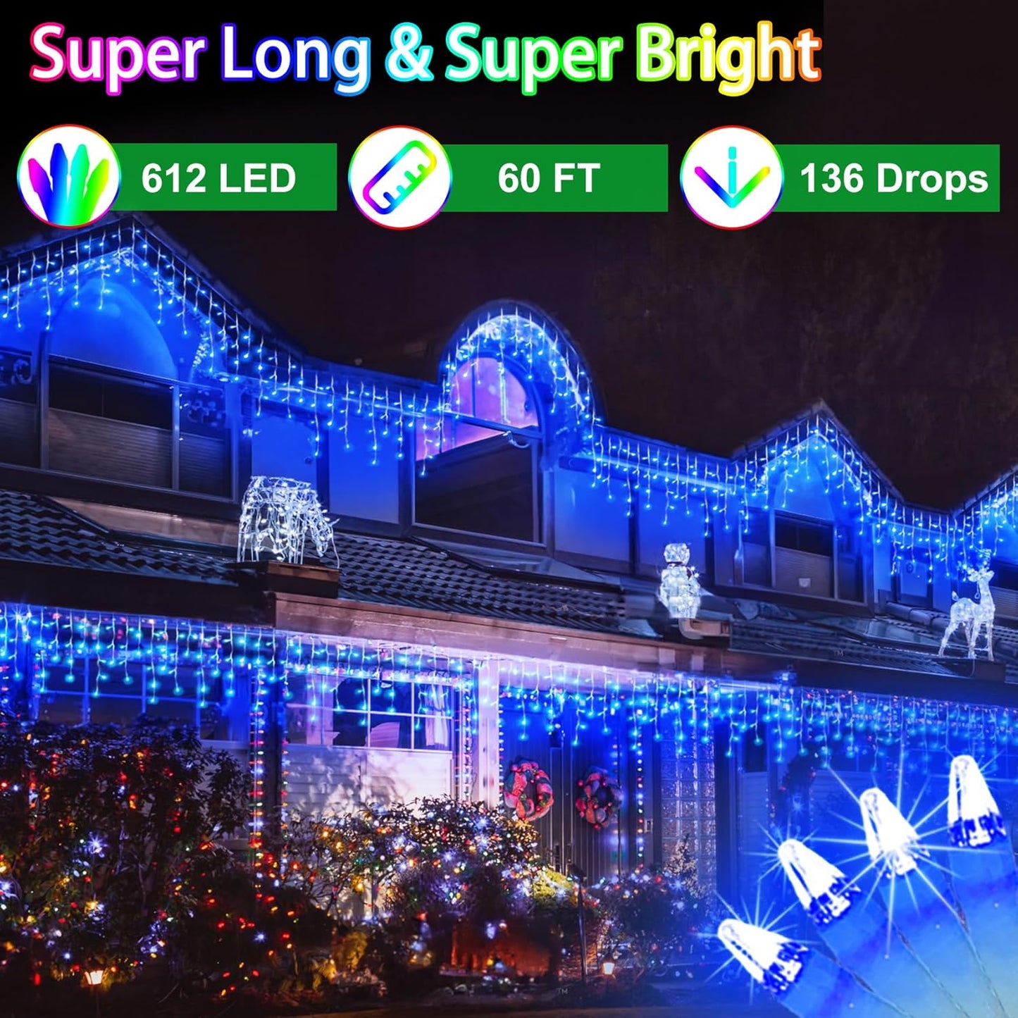 60FT 612 LED Outdoor Christmas Lights - 136 Ice Drops, 12 Pro Modes with Timer Memory & Brightness, Waterproof Hanging Ice String Light for Holiday Wedding Garden Fence House Decor (Blue)