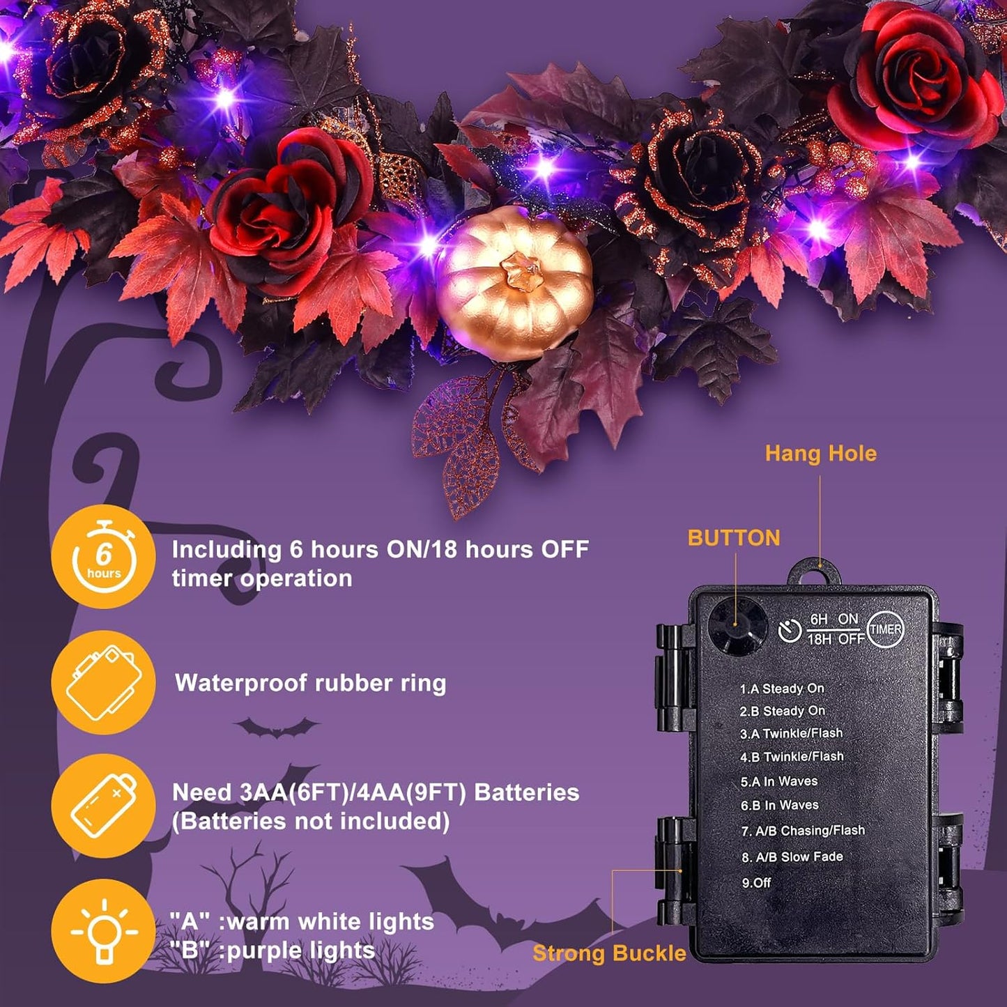 SHareconn 9FT Halloween Garland with Purple Lights Battery Operated and Timer, Pre-Lit Black Red Maple Leaves Lighted Garland Decorations for Fireplace Mantle Centerpiece Indoor Outdoor Decor, 9 FT