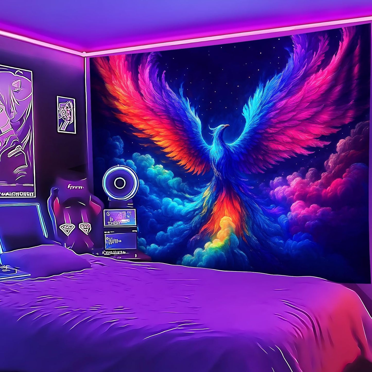 Blacklight Tapestry,WingTapestry Glow In The Dark,UV Reactive Black Light Upright Posters Wall Hanging for Bedroom Dorm Living Room Backdrop Decor (wing17, 59L" x 51W")