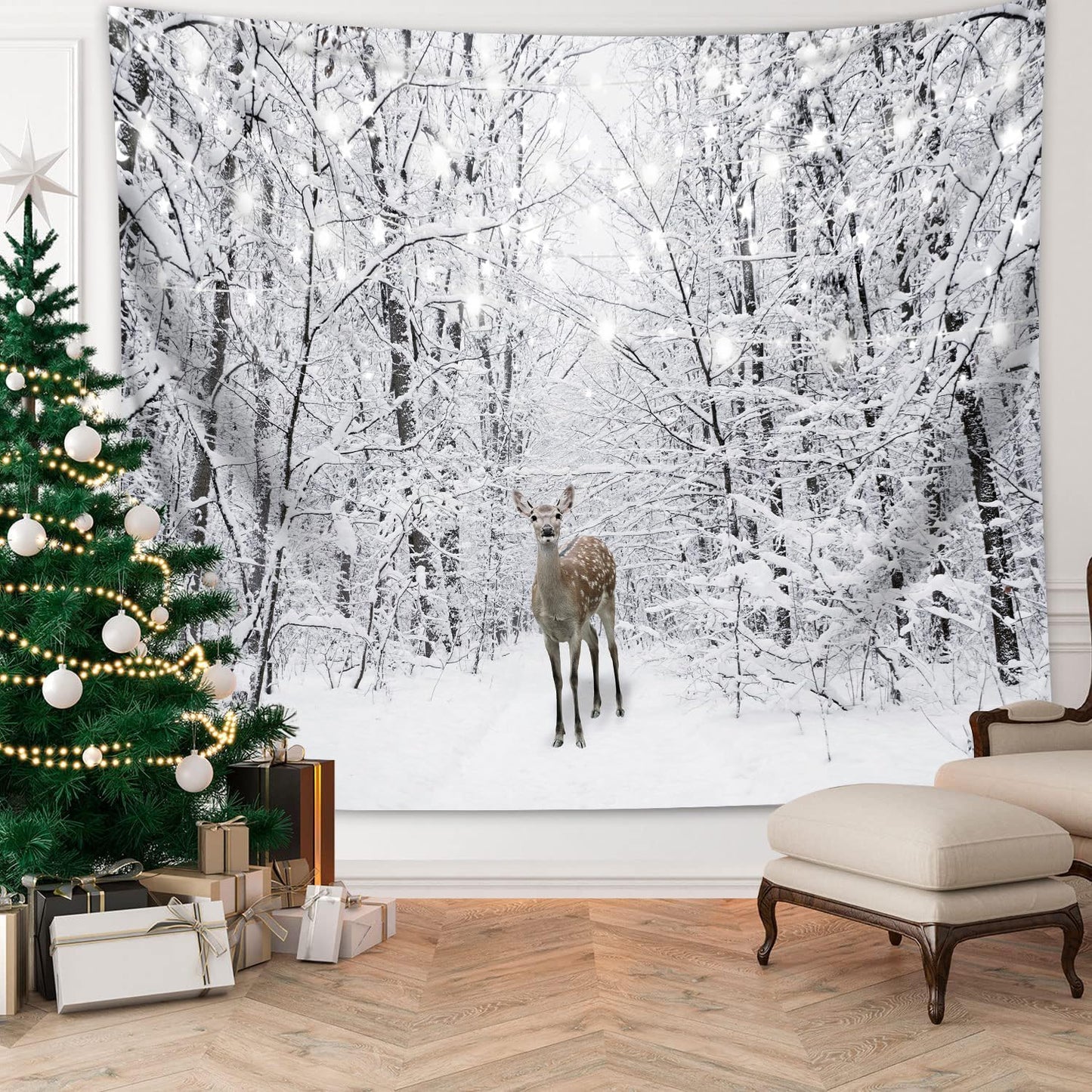 QGHOT Winter Tapestry Wall Hanging Snow Scene Backdrop Winter Wonderland Wall Decor Snowy Forest Wall Art Nature Woodland Deer Tapestry for Bedroom Room Dorm Party Decoration, Extra Large