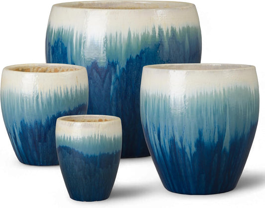 Emissary Home and Garden 13in., 16in., 19in.,23.5in. H Blue Snow Stoneware Round Planters with High-fire Treatment (Set of 4)