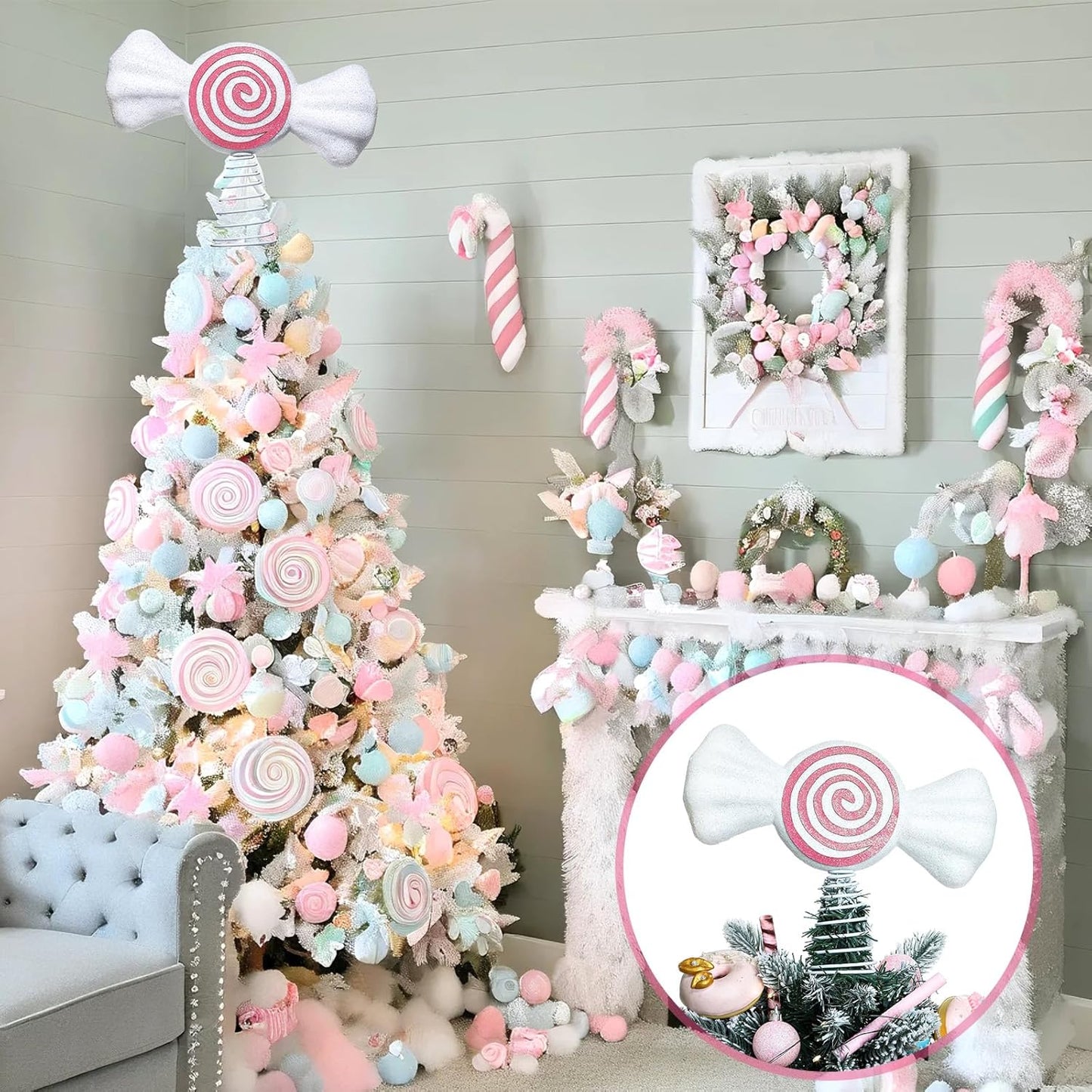 Retisee 9.8 in Large Pastel Candy Christmas Tree Topper Pink Candy Swirl Treetop Pink Pastel Candycane Christmas Ornaments for Xmas New Year Birthday Party Tree Decorations