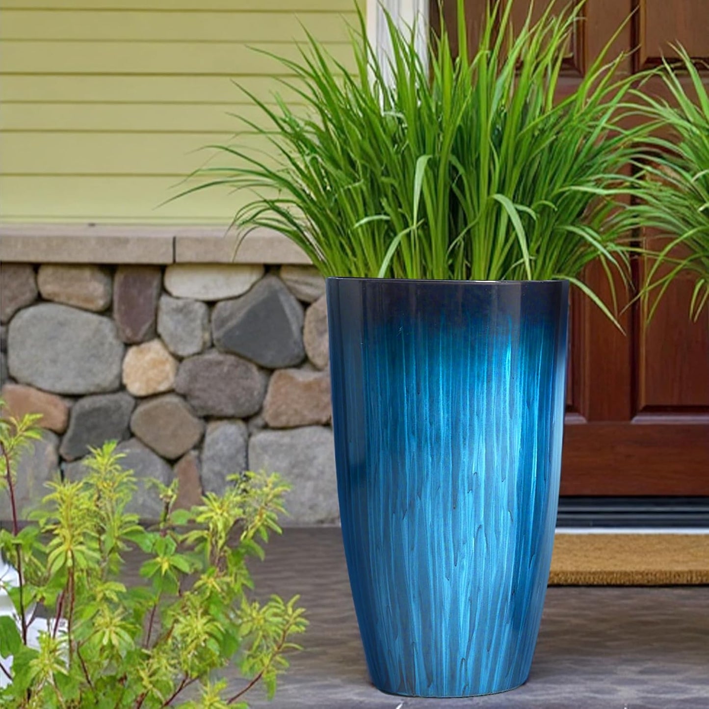 Worth Garden 23.5" H. Large Plastic Planters - Set of 2 Gradient Blue Glossy Smooth Finish - Tall Plant Pots for Indoor & Outdoor Use - Decorative Lightweight Flower Pot for Front Porch, Patio, Deck