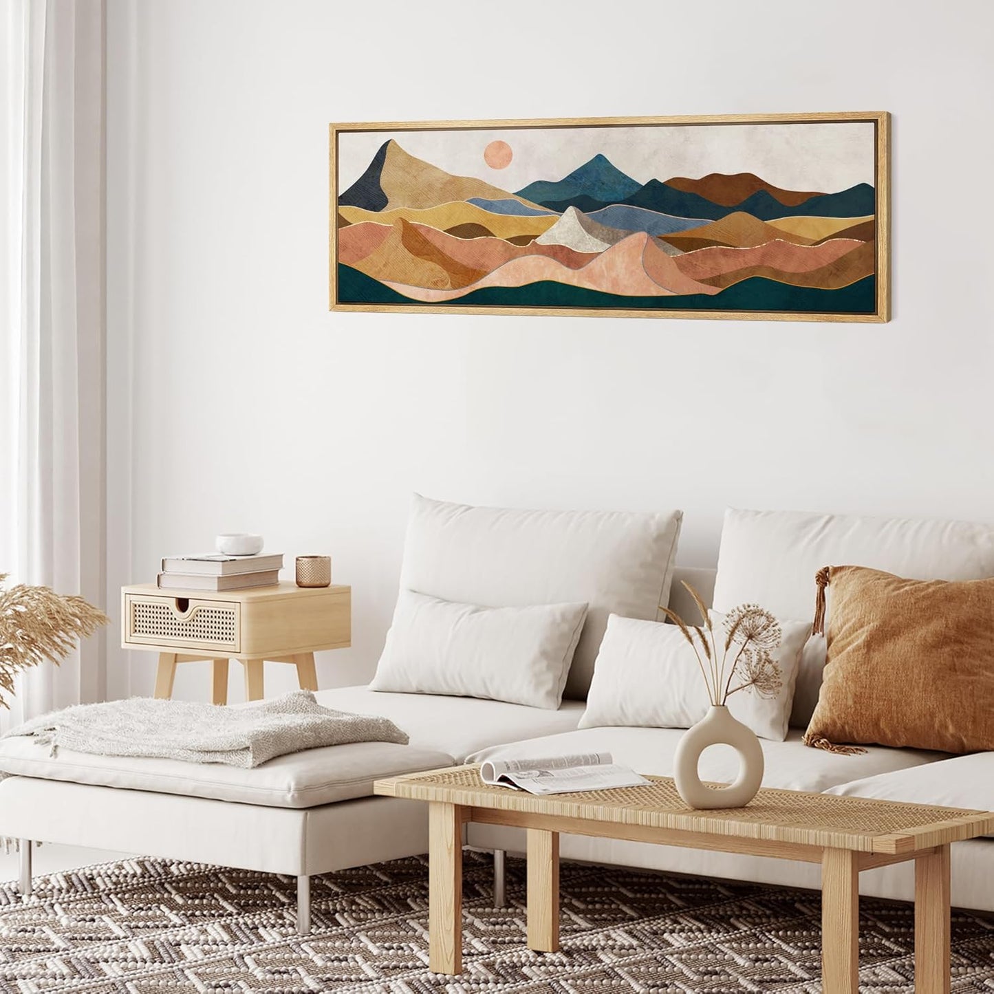 MUDECOR Large Framed Canvas Print Wall Art Desert Peaks Colorful Geometric Mountain Illustrations Antique Retro Fine Art Illustrations Decorative Colorful for Bedroom - 60"x20"