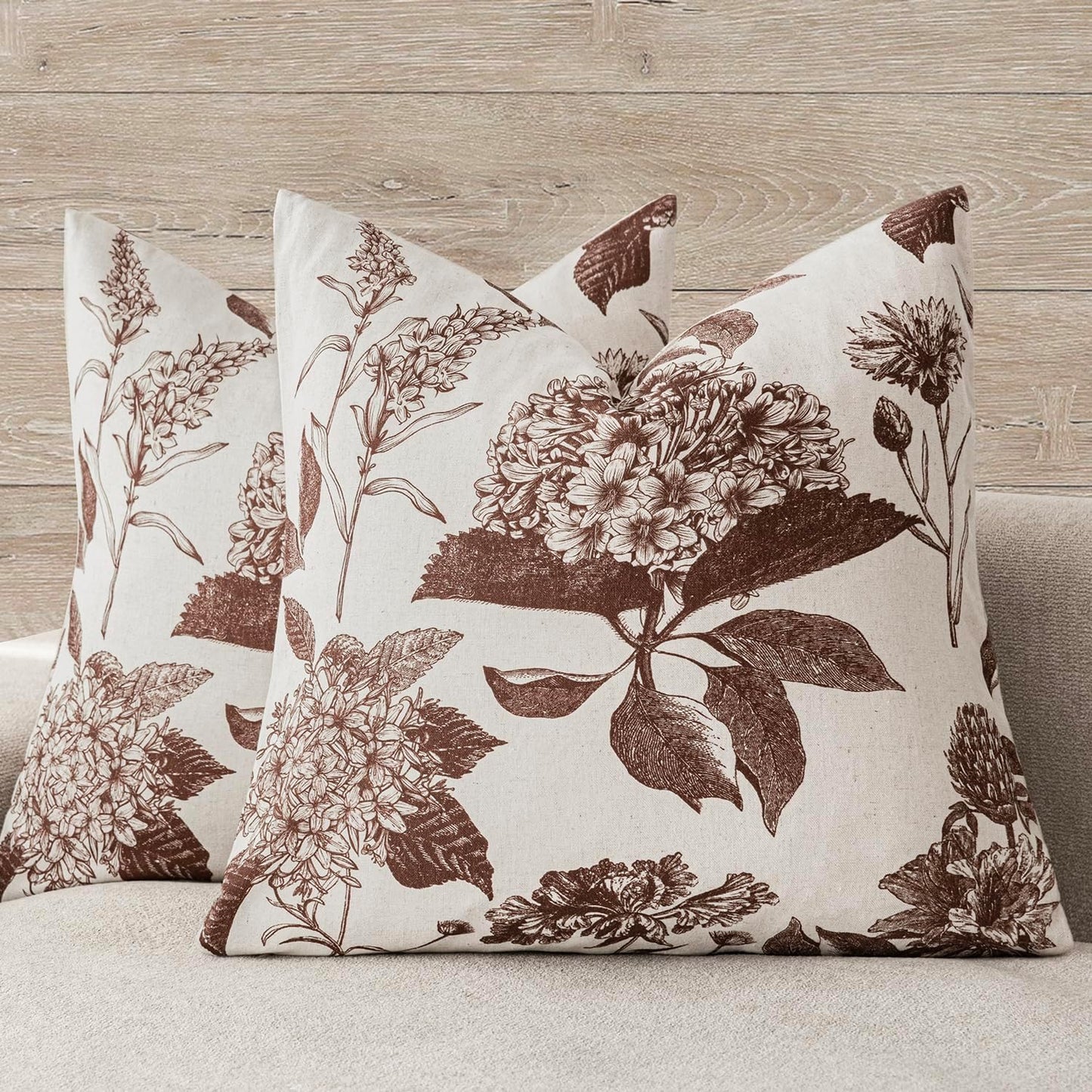 Foindtower Set of 2 Linen Floral Throw Pillow Covers Neutral Vintage Print Decorative Cushion Covers Farmhouse Boho Home Decor for Sofa Chair Couch Bedroom Living Room Outdoor,20×20 Inch,Dark Brown