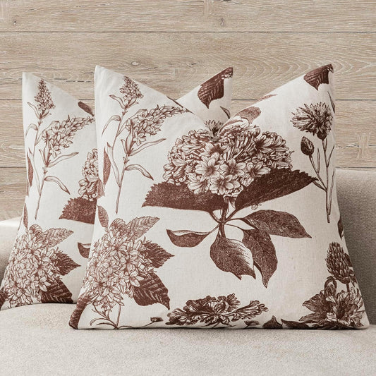 Foindtower Set of 2 Linen Floral Throw Pillow Covers Vintage Accent Print Decorative Cushion Covers Farmhouse Boho Home Decor for Sofa Chair Couch Bedroom Living Room Outdoor,22×22 Inch,Dark Brown