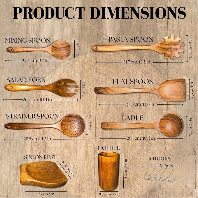 Wooden Spoons for Cooking - 8 Piece Natural Teak Kitchen Utensil Set Non Toxic - Teak Wooden Utensils with Spoon Rest and Holder