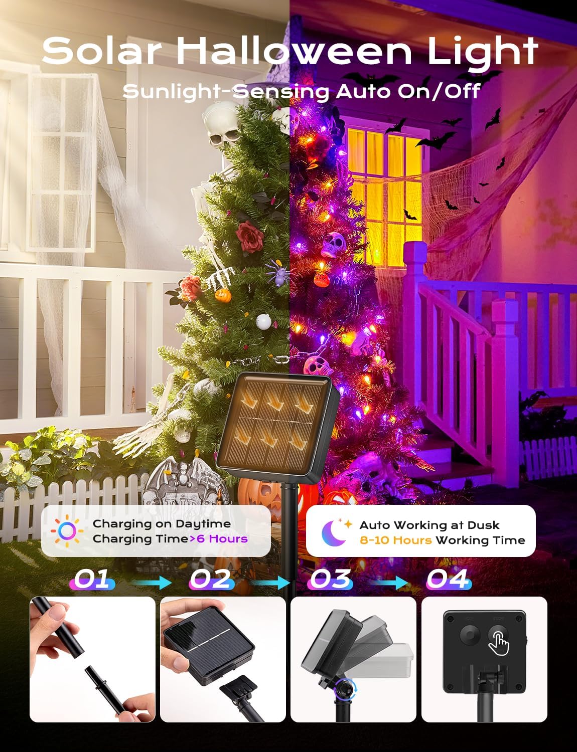 Brightown Solar Operated C6 Halloween Outdoor Lights, 22.64ft 50 LEDs Orange Purple Halloween Lights, Strawberry LED Fairy Lights, Solar Waterproof String Light for Tree, Garden Decor Outdoor