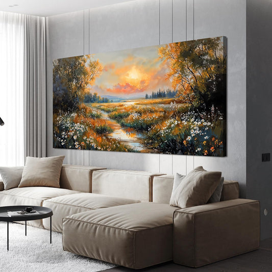 Canvas Wall Art Decor Vintage Wildflower Wall Art Prints Large Wall Art for Living Room Nature Landscape Art Work for Wall Decor River Sunset Artwork for Walls Bedroom Office Wall art Decor 24" X 48"
