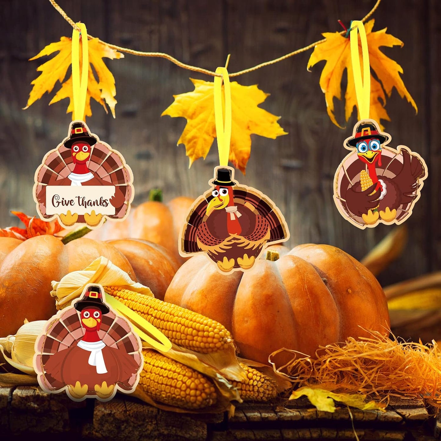 8 Pcs Thanksgiving Tree Ornaments Turkey Felt Thanksgiving Tree Decoration Give Thanks Gobble Hanging Ornaments with Rope for Harvest Theme Party Supplies Fall Door Decor