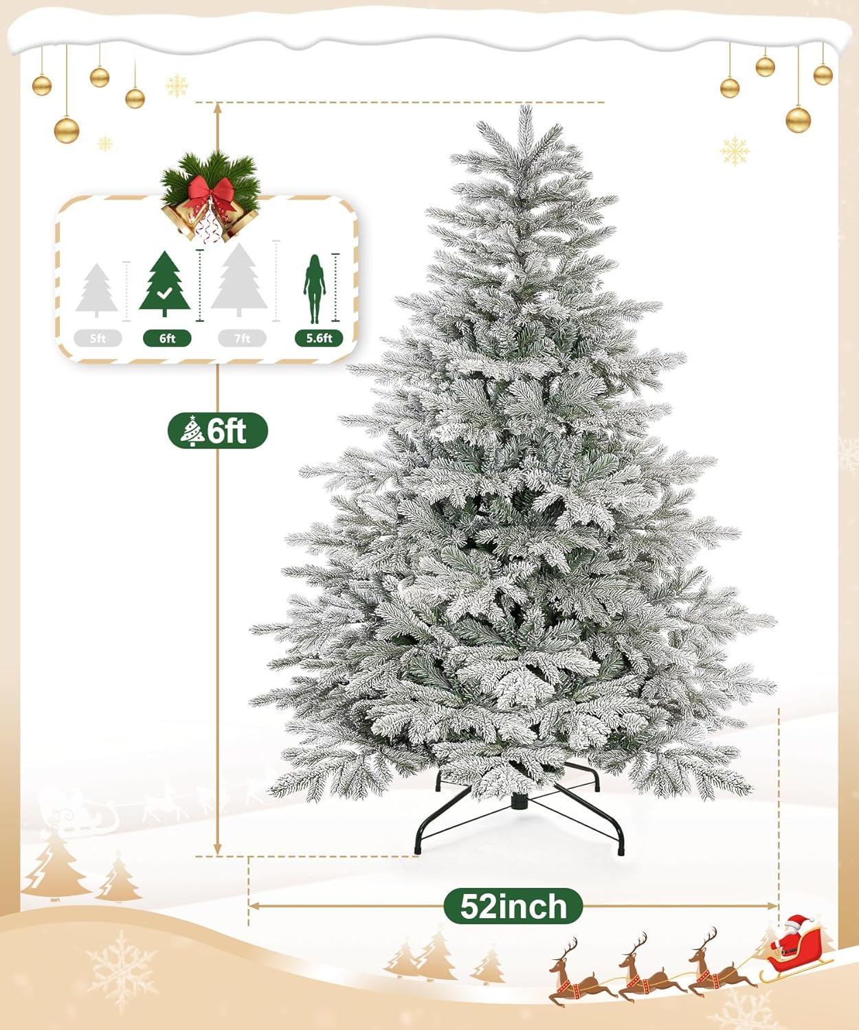 Decoway 6ft Artificial Christmas Tree, Unlit Snow Flocked Xmas Tree with 1571 Branch Tips and Sturdy Metal Stand for Indoor Outdoor Home Decoration